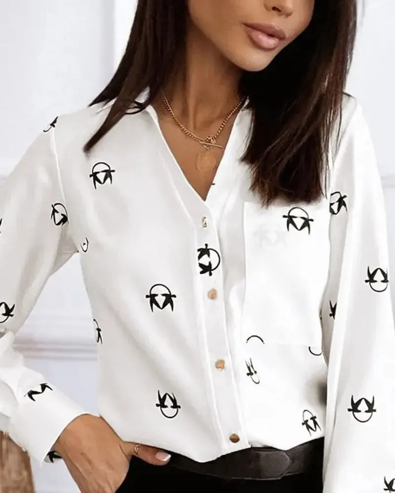 Xieyinshe - Graphic Print Long Sleeve Button Down Shirt