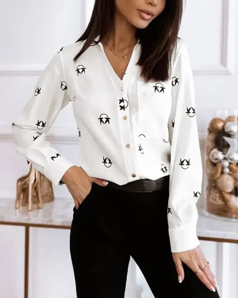 Xieyinshe - Graphic Print Long Sleeve Button Down Shirt