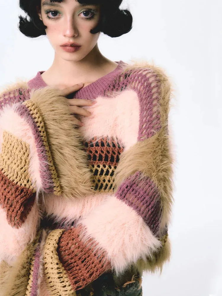 Y2K Fuzzy Crochet Crop Sweater