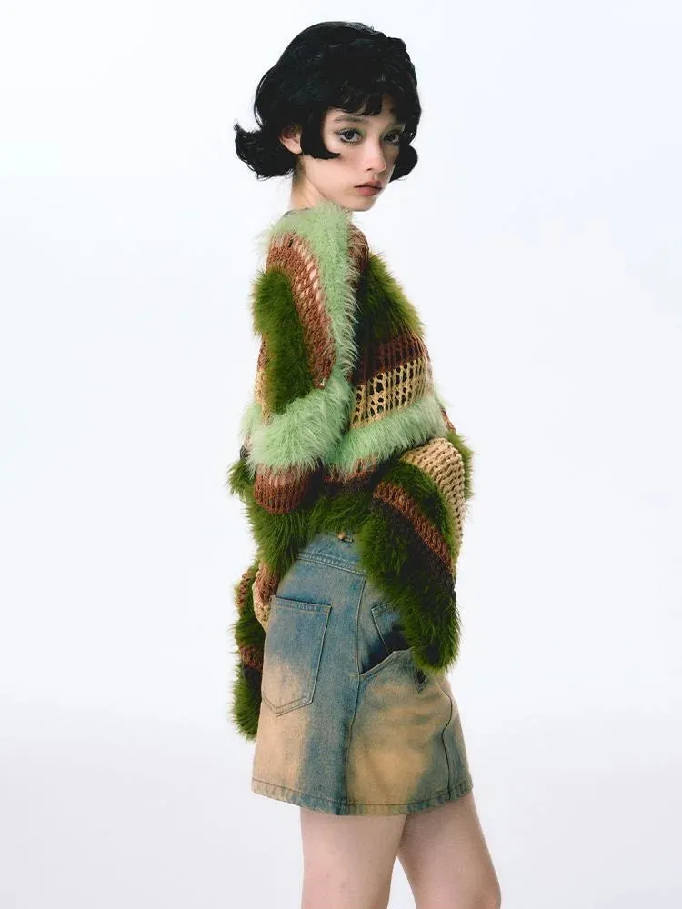 Y2K Fuzzy Crochet Crop Sweater