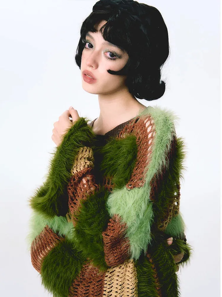 Y2K Fuzzy Crochet Crop Sweater
