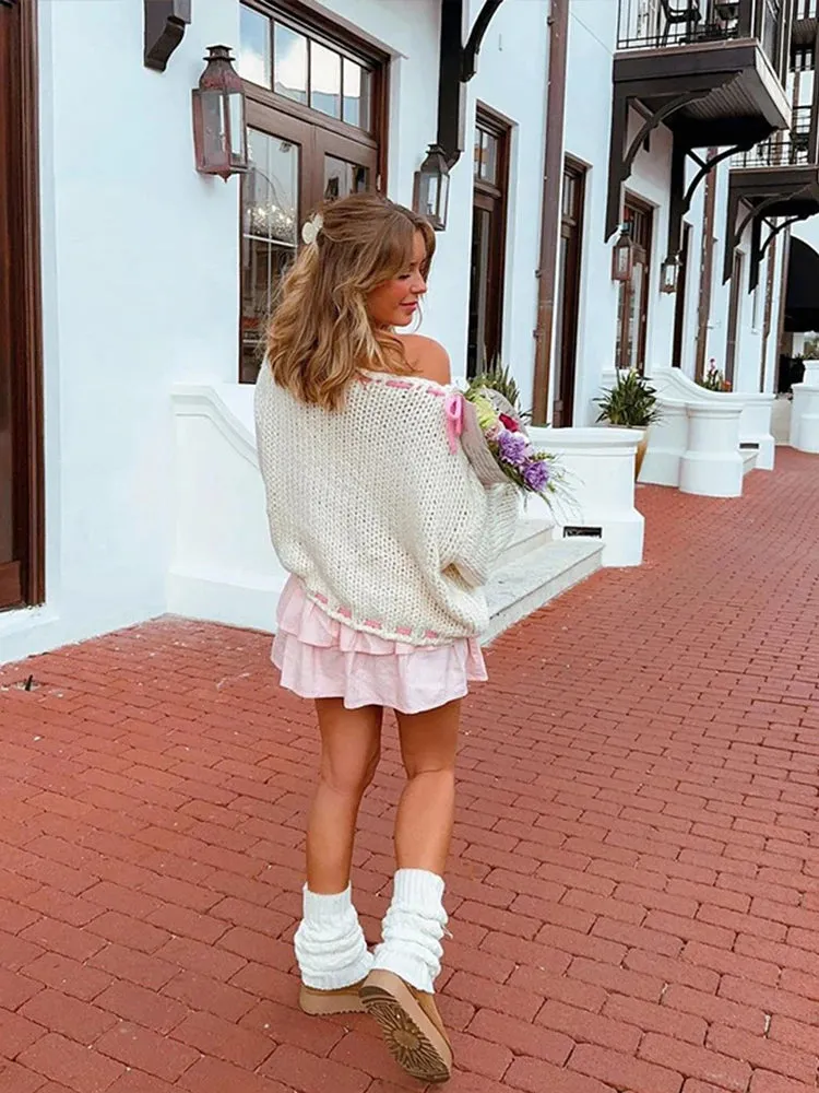 Y2K Loose Sweater for Women – Fashion Bow Lace Up Skew-Collar Knitted Pullover, 2025 Autumn/Winter Long Sleeve Sweet Lady Top