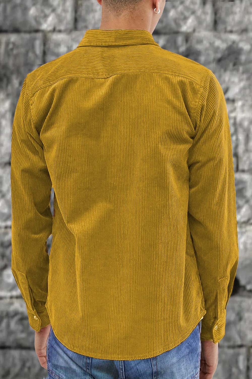 Yellow Men Corduroy Flap Pocket Button Front Shirt