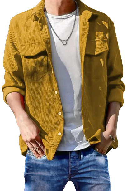 Yellow Men Corduroy Flap Pocket Button Front Shirt