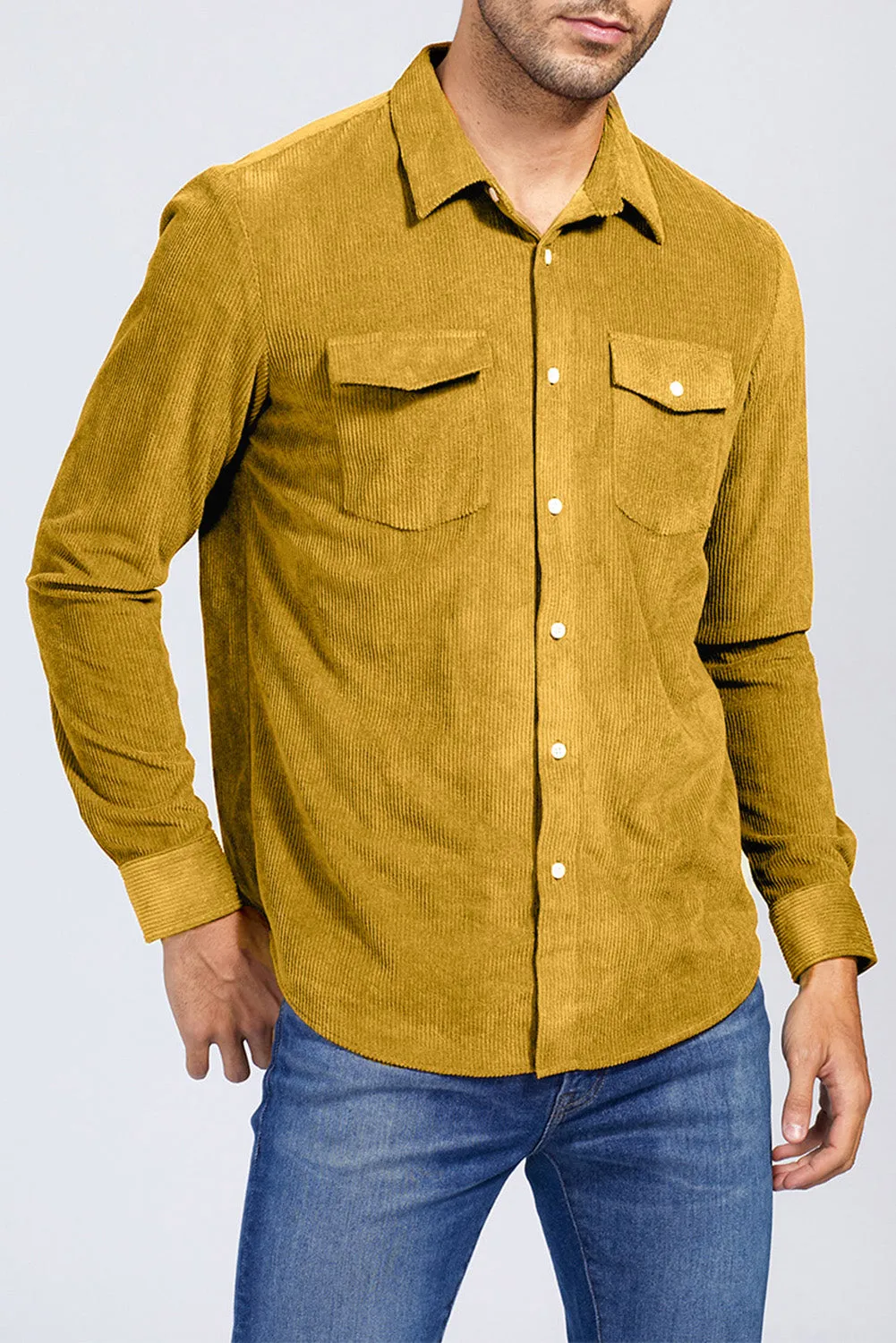Yellow Men Corduroy Flap Pocket Button Front Shirt