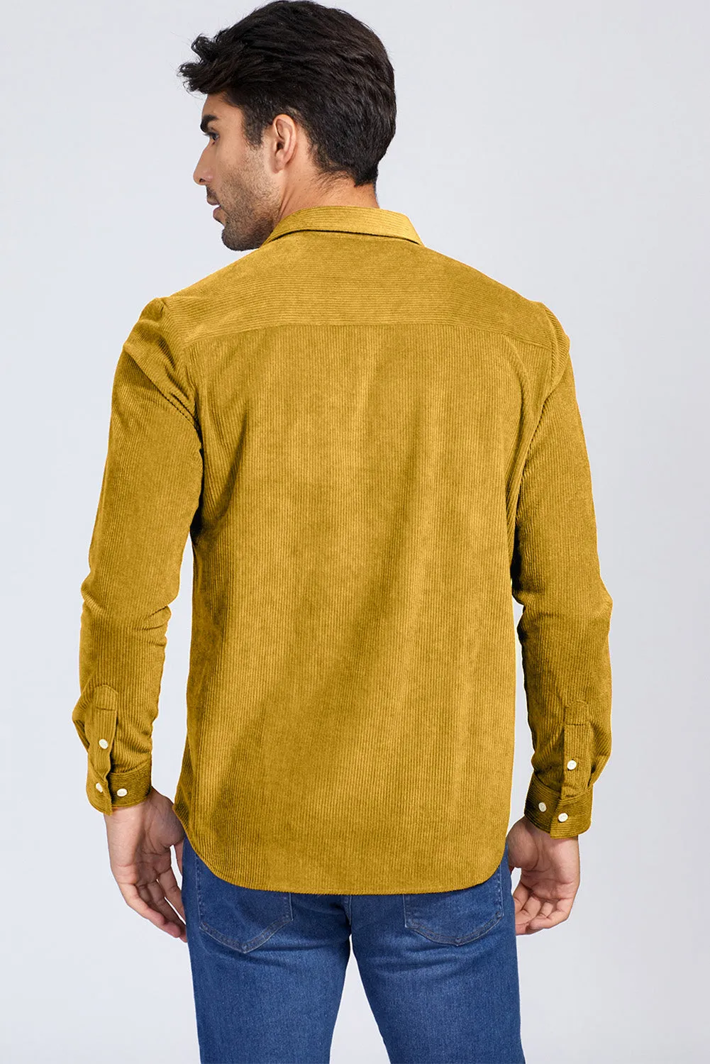 Yellow Men Corduroy Flap Pocket Button Front Shirt