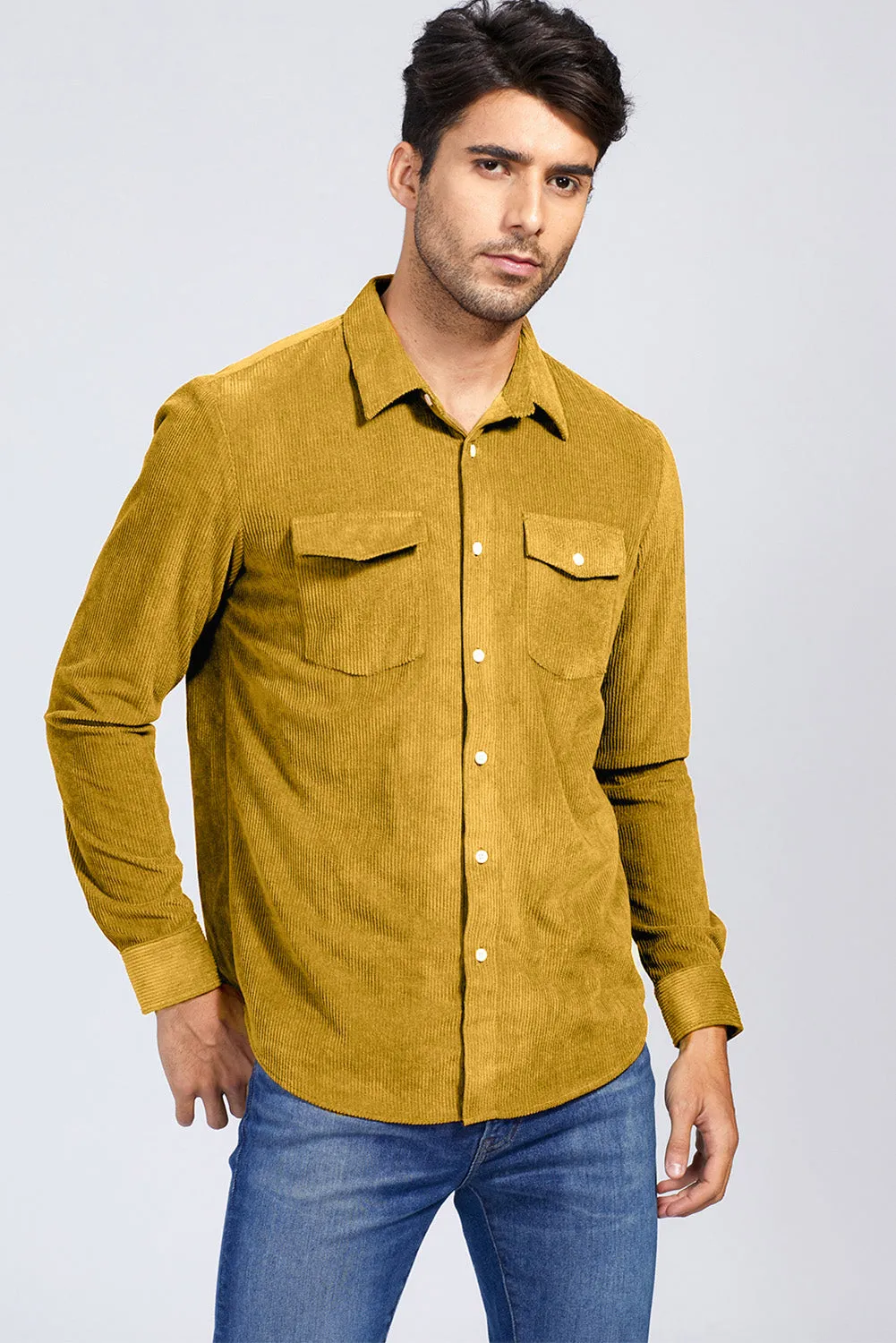 Yellow Men Corduroy Flap Pocket Button Front Shirt