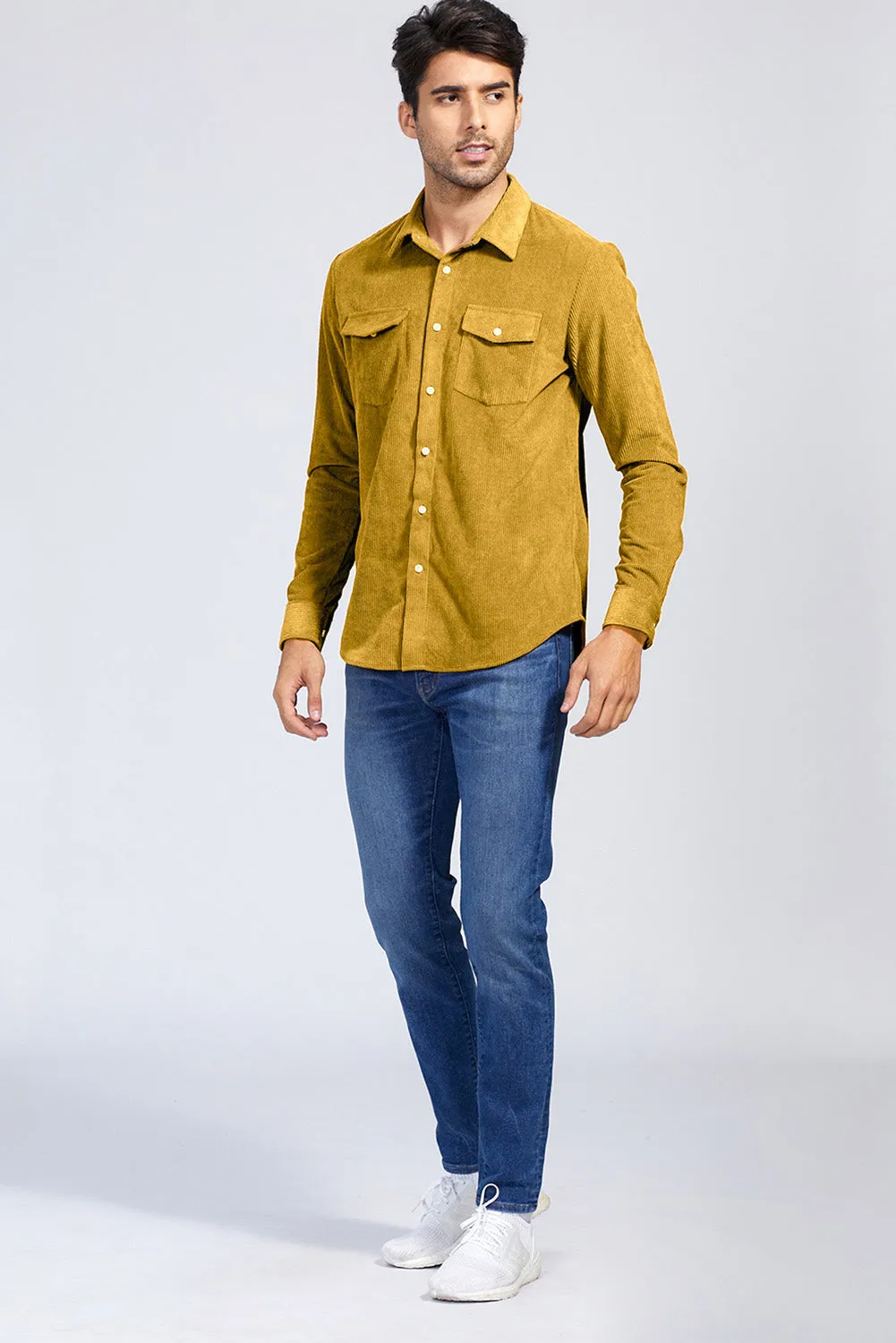 Yellow Men Corduroy Flap Pocket Button Front Shirt