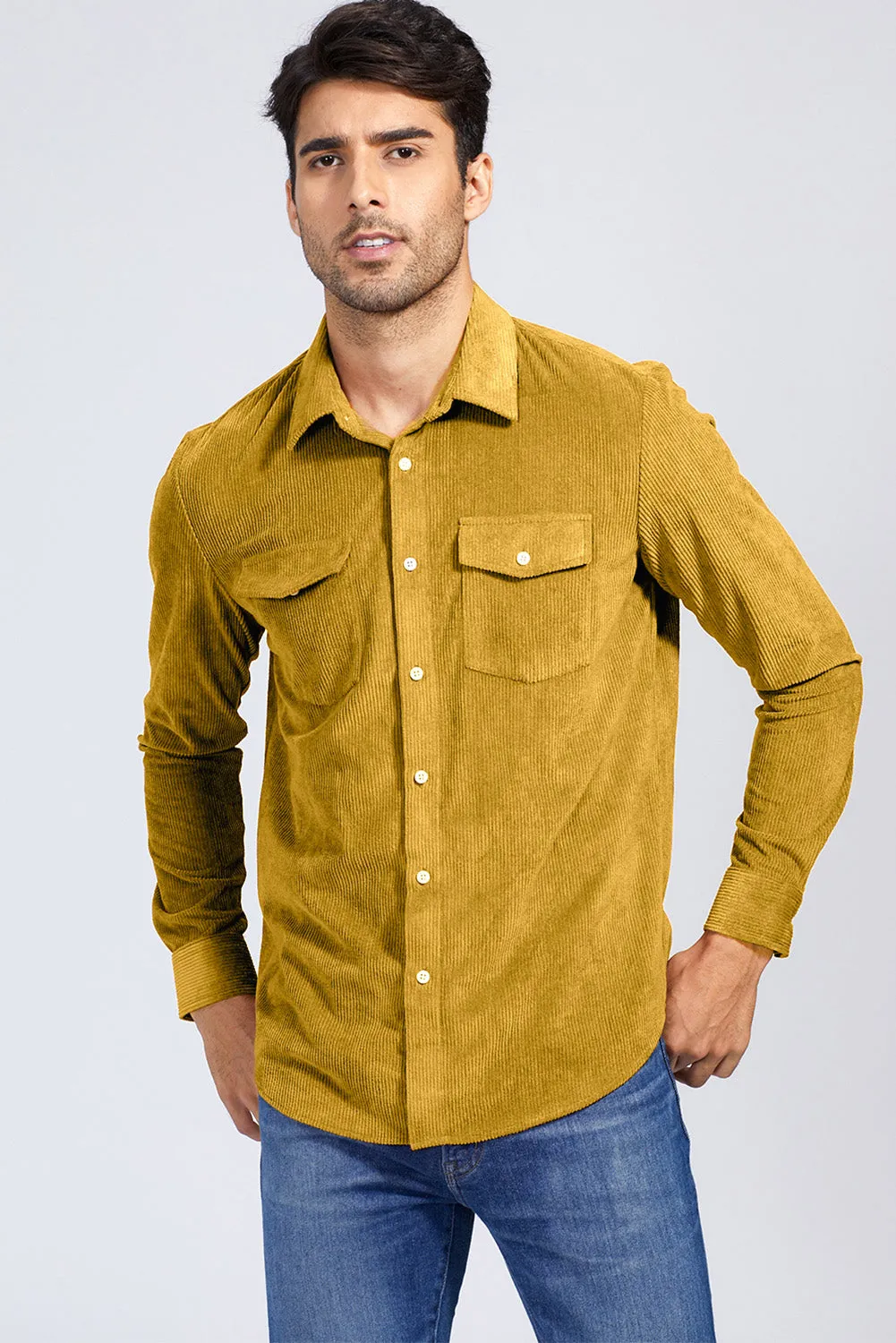 Yellow Men Corduroy Flap Pocket Button Front Shirt