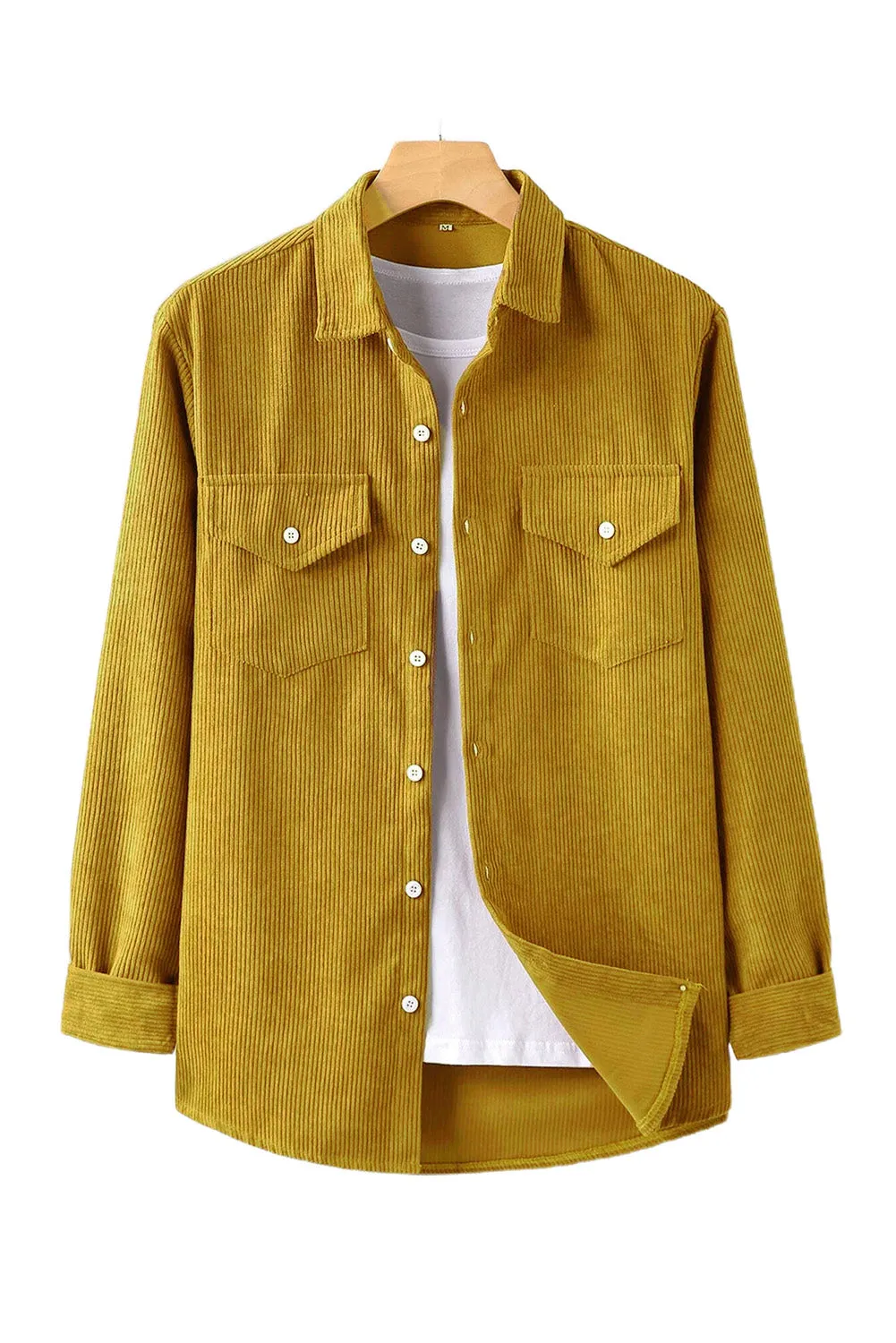 Yellow Men Corduroy Flap Pocket Button Front Shirt