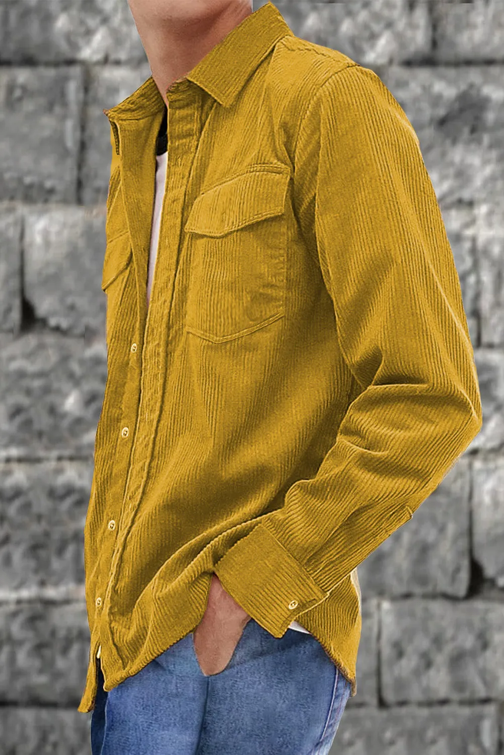 Yellow Men Corduroy Flap Pocket Button Front Shirt