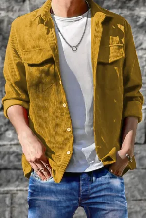 Yellow Men Corduroy Flap Pocket Button Front Shirt