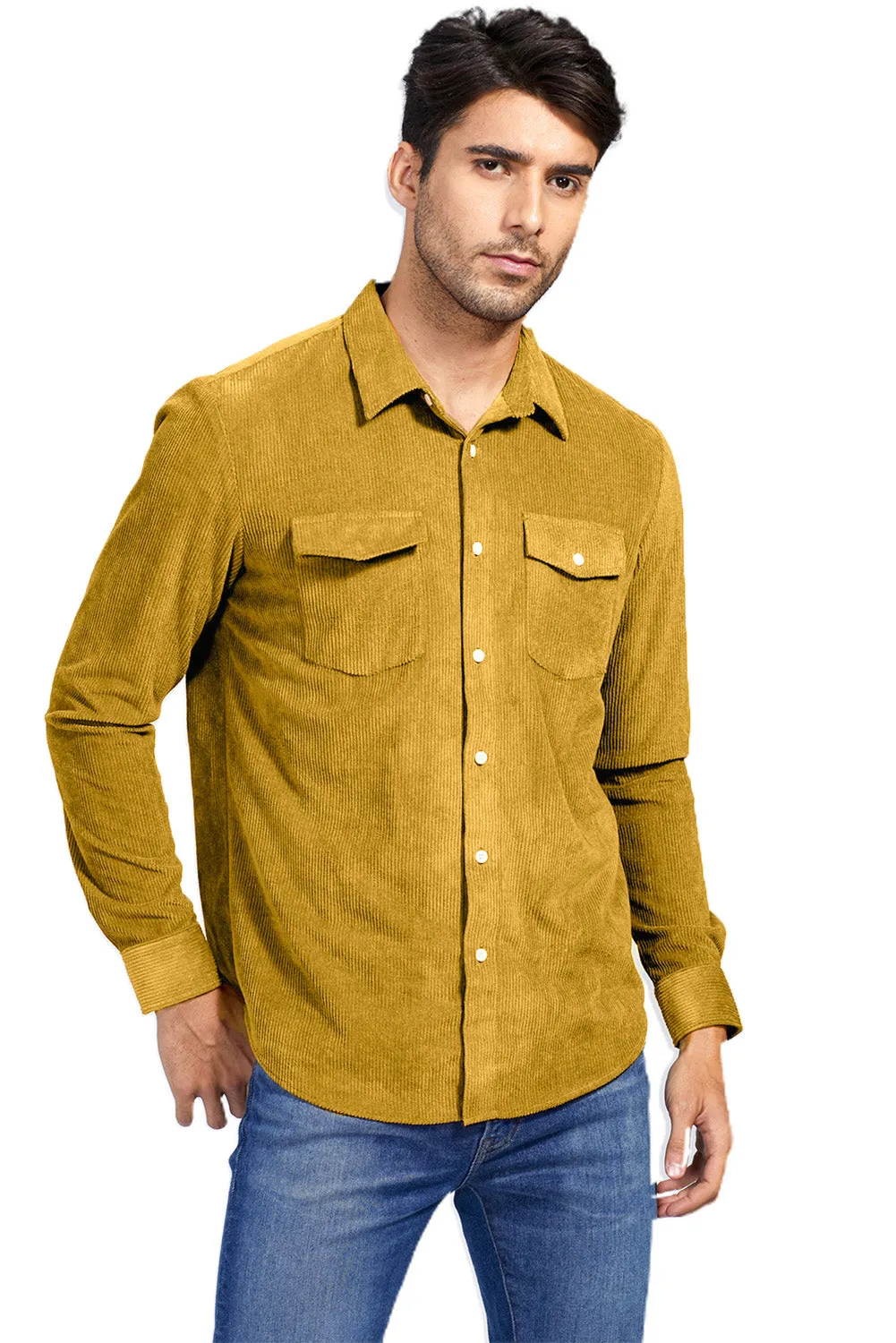 Yellow Men Corduroy Flap Pocket Button Front Shirt