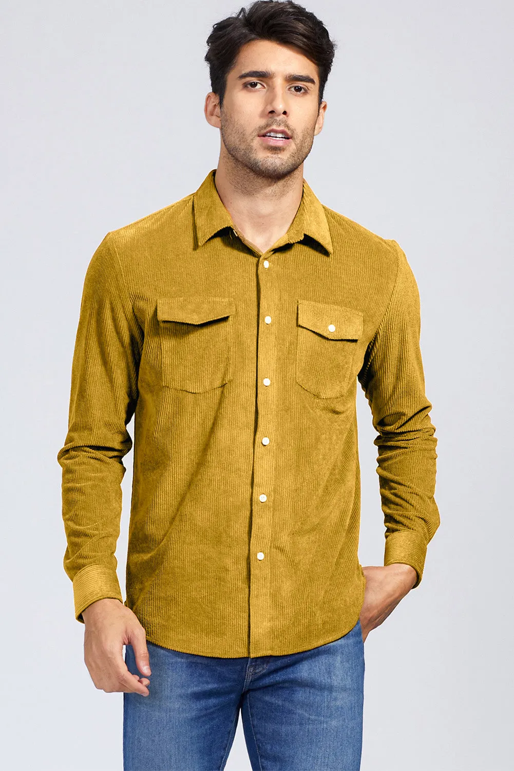 Yellow Men Corduroy Flap Pocket Button Front Shirt