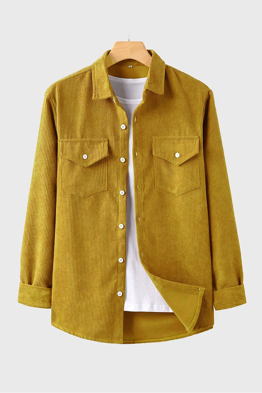 Yellow Men Corduroy Flap Pocket Button Front Shirt